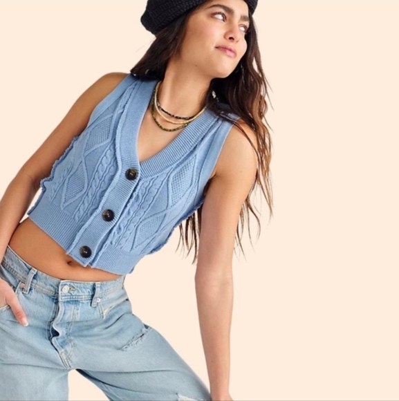 Free People Sweaters - Free People Denson Cable Knit Vest Winding River Blue Size M